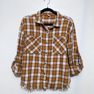 Golden Intent Plaid Fringe Crop Grunge Utility Button Up Top Y2K Womens Medium